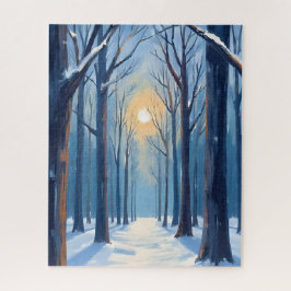 Winterwald Wasserfarben Bäume Blau Puzzle