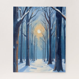 Winterwald Wasserfarben Bäume Blau Puzzle