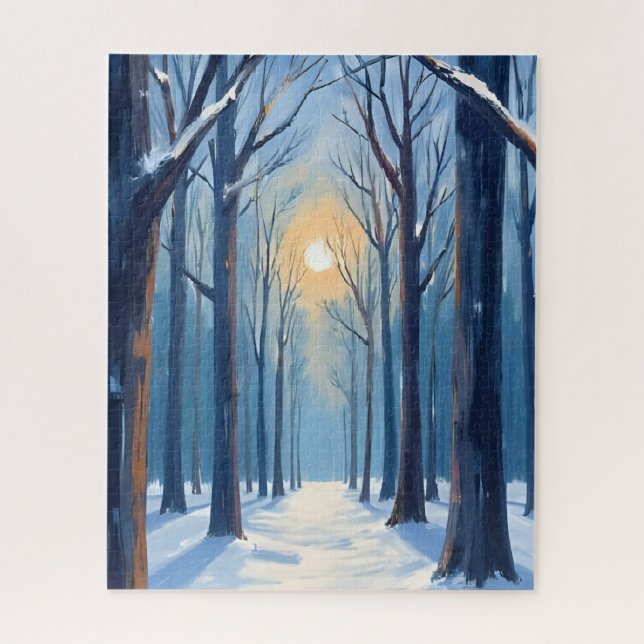 Winterwald Wasserfarben Bäume Blau Puzzle (Vertikal)