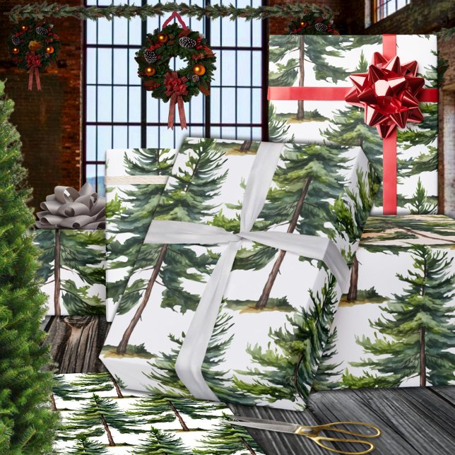 Winterwald Wasserfarbenfrohe Bäume Geschenkpapier (Winter Woodland Watercolour Pine Tree Forest Wrapping Paper Rolls)