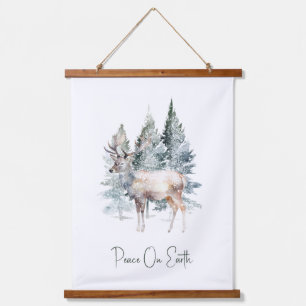 Winterwald Weihnachten Hirsch Feiertag Wandteppich Mit Holzrahmen