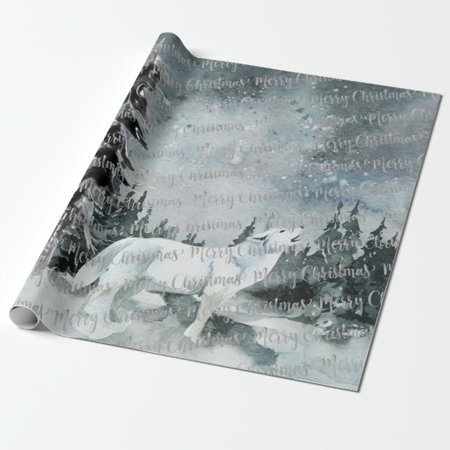 Winterwald Weißer Wolf Frohe Weihnachten Geschenkpapier (Ungerollt)