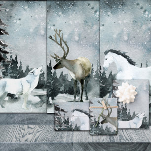 Winterwald Weißer Wolf Stag & Pferd Geschenkpapier Set