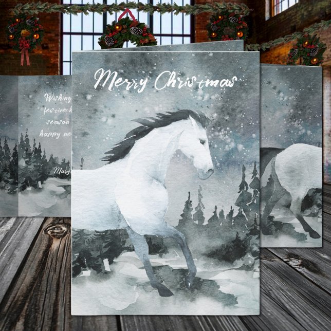 Winterwald Weißes Pferd Frohe Weihnachten (Winter Woodland Forest White Horse Merry Christmas Holiday Card. Edit this text front & inside card.)