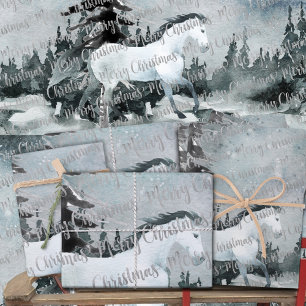 Winterwald Weißes Pferd Frohe Weihnachten Geschenkpapier Set