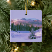 Winterwaldfirmen Lila Licht, das auf Schnee reflek