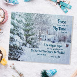 Winterwaldhaus - Johannes 14:27 Bibelverse Puzzle<br><div class="desc">Genießen Sie die Stille der Saison mit unserem "Friedlichen Winterdorf" Jigsaw Puzzle. Dieses bezaubernde Rätsel bringt Sie in ein schneebedecktes Dorf inmitten eines majestätischen Waldes. Die hohen Kiefernbäume stehen auf der Hut, ihre Äste liegen in glitzerndem Schnee, während die Häuser mit ihren hübschen Strohdächern Wärme und Gemütlichkeit ausstrahlen. Wenn du...</div>