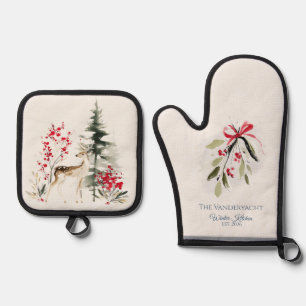Winterwaldhirsche & Mistelzweig Ofenhandschuh & Topflappen-Set