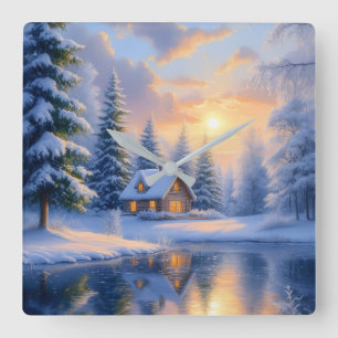 Winterwaldhütte bei Sonnenuntergang Wand  Quadratische Wanduhr