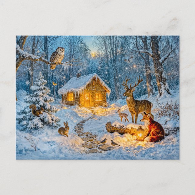 Winterwaldhütte mit Hirsch, Fuchs und Eule – Fäche Postkarte (Vorderseite)