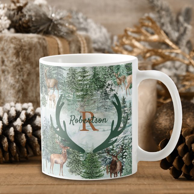 Winterwaldland Hirsch Weihnachtsmonogramm Kaffeetasse (Von Creator hochgeladen)