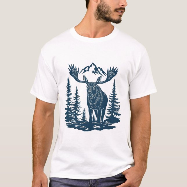 Winterwaldlandschaft Elch am See T-Shirt (Vorderseite)