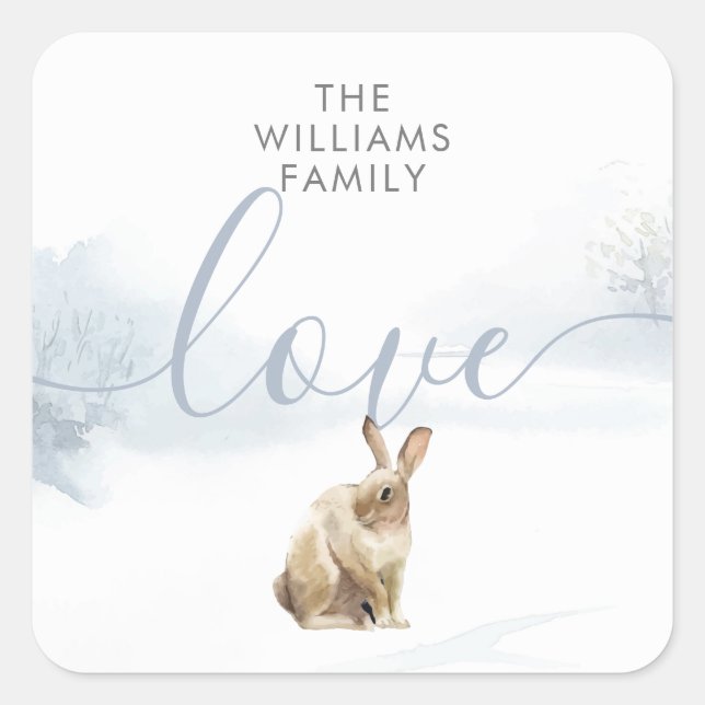 Winterwaldlandschaft Hare Quadratischer Aufkleber (Vorderseite)