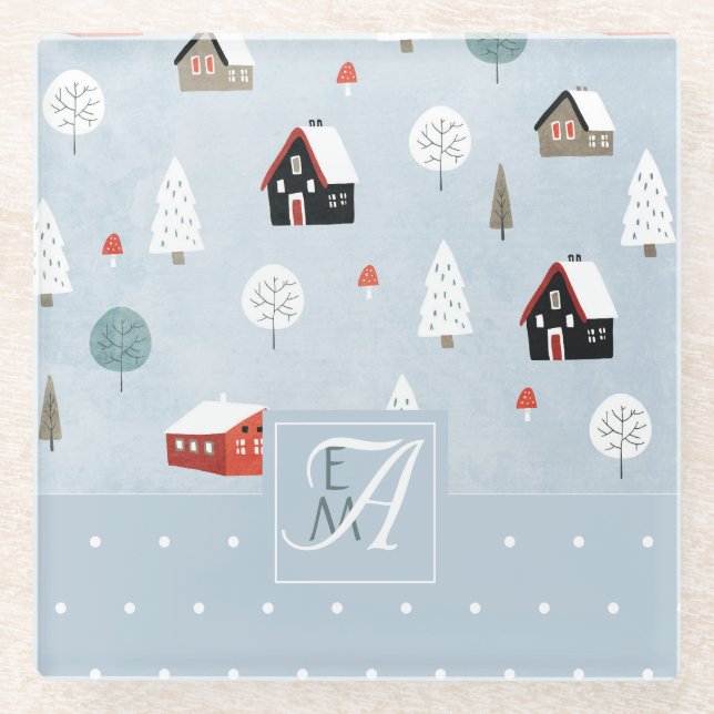 Winterwaldlandskandinavisches Mit Monogramm Dekor Glasuntersetzer (Vorderseite)