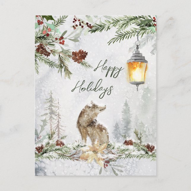 Winterwaldlandszene, Wolf Weihnachten Postkarte (Vorderseite)