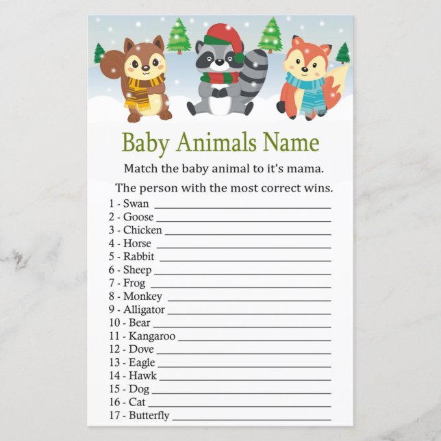 Winterwaldtier Baby Tiere Name Spiel (Vorderseite)