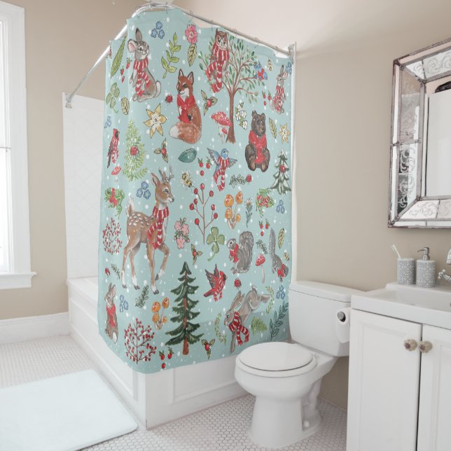 Winterwaldtiere Blauschneewaldmuster Duschvorhang (Beispiel)