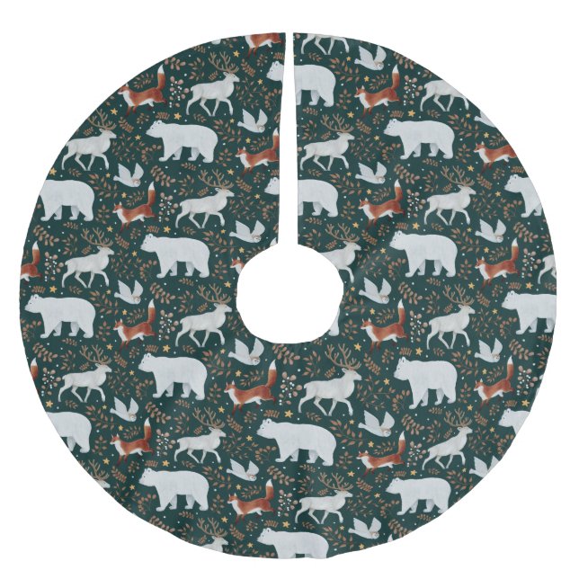 Winterwaldtiere Dunkelgrüner Baumrock Polyester Weihnachtsbaumdecke (Vorderseite)