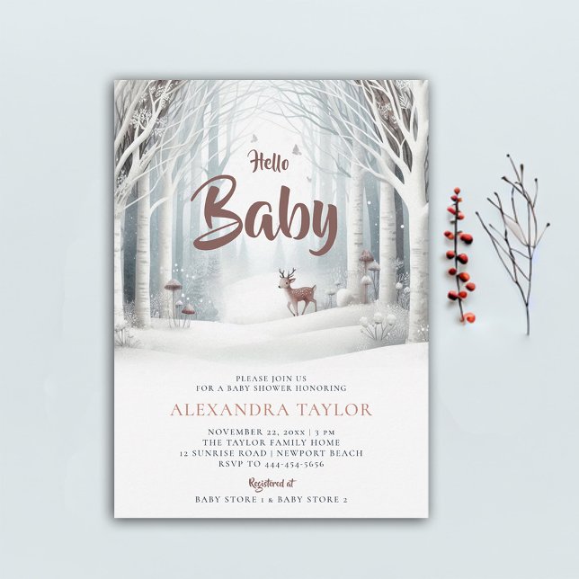 Winterwaldwald Hirschdusche Einladung (winter baby shower invitation neutral white wonderland enchanted forest woodland deer cute)