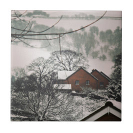 Winterwalisische Landschaftshäuser Bäume Hügel Fliese