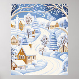 Winterweg durch Snowy Village und Bäume Poster