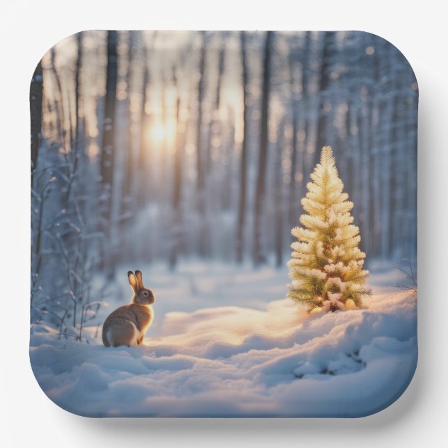 Winterweihnachtsbaum mit sonniger Aussicht Pappteller (Vorderseite)