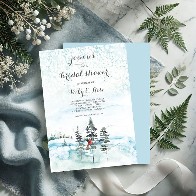 Winterweihnachtsfest Evergreen Brautparty Einladun Einladung (Country bridal shower invitations watercolor pine trees snowy scene cardinal blue)