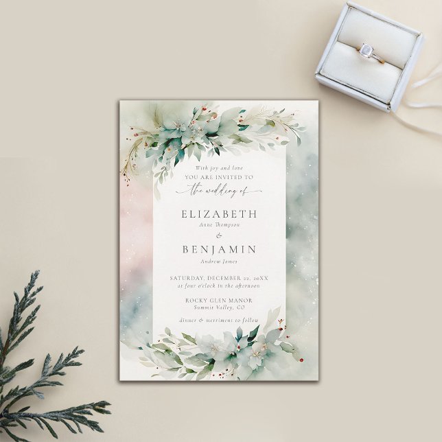 Winterweihnachtsfest Wasserfarben Hochzeitsfeier Einladung (winter wedding invitation christmas dreamy watercolor greenery botanical frame elegant bohemian)