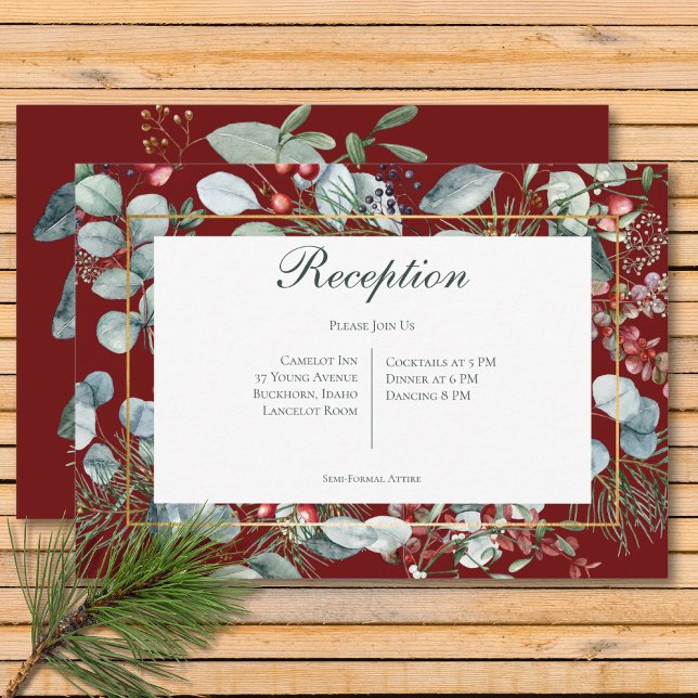 Winterweihnachtsgrün Roter Empfang Hochzeit Begleitkarte (Winter Christmas Greenery Red Reception Wedding Enclosure Card)