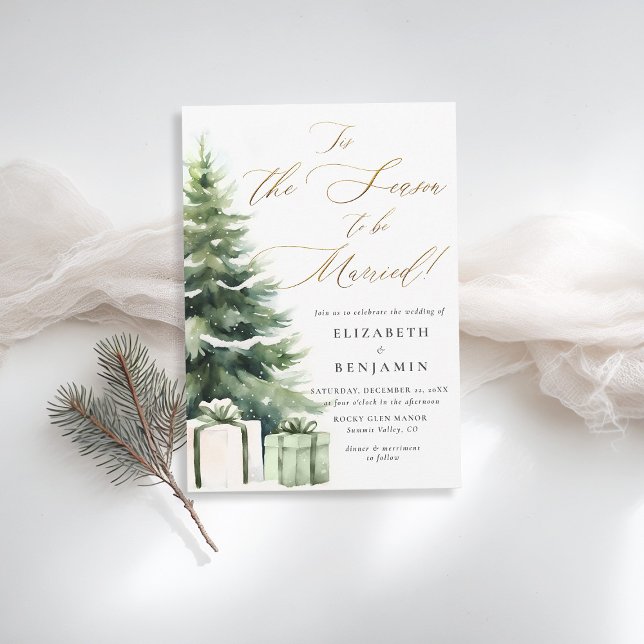 Winterweihnachtszeit Verheiratete Jahreszeit Elega Einladung (christmas wedding invitation pine tree season to be married gold calligraphy modern rustic elegant)