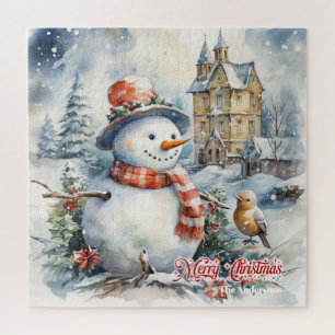 Winterweihnachtszene mit Schneemann im Schneewald Puzzle