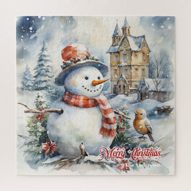 Winterweihnachtszene mit Schneemann im Schneewald Puzzle (Vertikal)