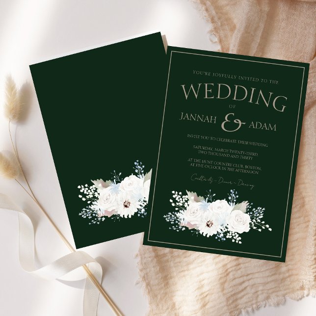 Winterweiße Blumen und grüne Weihnachtsfeier Einladung (Winter White Floral and Green Christmas Wedding Invitation)