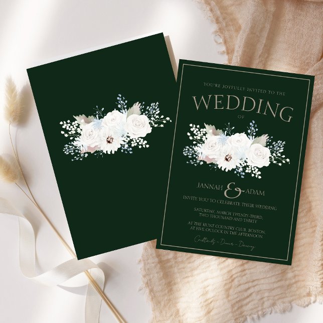 Winterweiße Blumen und grüne Weihnachtsfeier Einladung (Winter White Floral and Green Christmas Wedding Invitation)