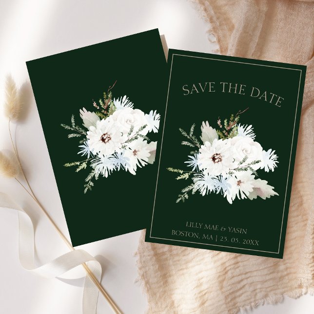 Winterweiße Blumen und grüne Weihnachtsfeier Save The Date (Winter White Floral and Green Christmas Wedding Save The Date)