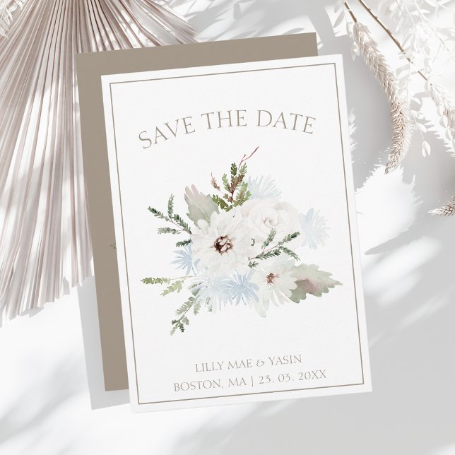 Winterweiße Blüte und Taupe Weihnachten Hochzeit Save The Date (Von Creator hochgeladen)