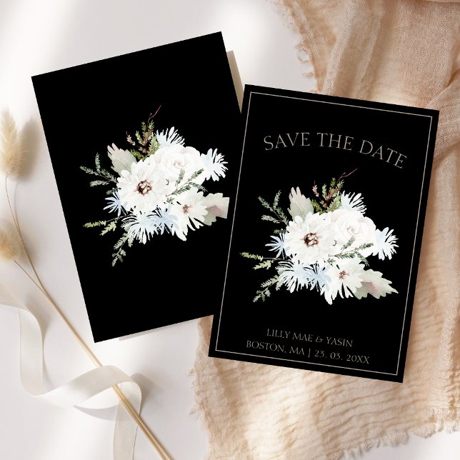Winterweiße Blütenzeit und Schwarze Weihnachtszeit Save The Date (Winter White Floral and Black Christmas Wedding Save The Date)