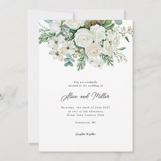 Winterweiße Rosen, Hartriegel und Fichten-Hochzeit Einladung