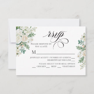 Winterweiße Rosen, Hartriegel und Fichten-Hochzeit RSVP Karte