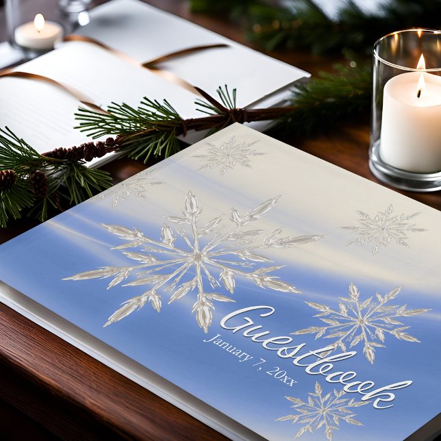 Winterweiße und blaue Schneeflocken Gästebuch (Winter wedding guestbook blue crystal snowflakes)
