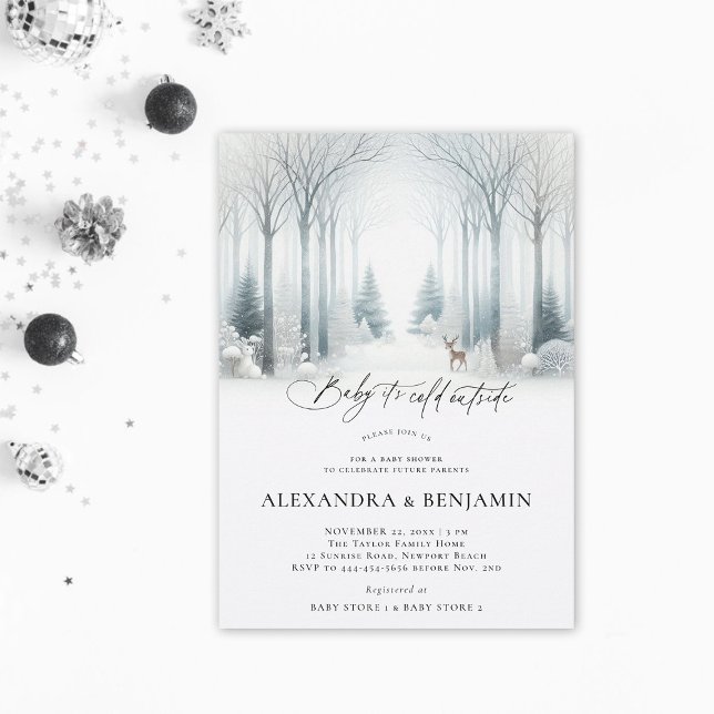 Winterweißwaldschneedecke neutrale Babydusche Einladung (cold outside winter baby shower invitation neutral white wonderland enchanted forest woodland coed)