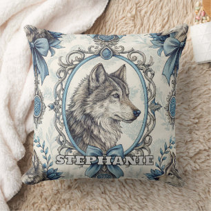 Winterwolf-Portrait in Verziertem Blau- und Graura Kissen