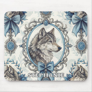 Winterwolf-Portrait in Verziertem Blau- und Graura Mousepad