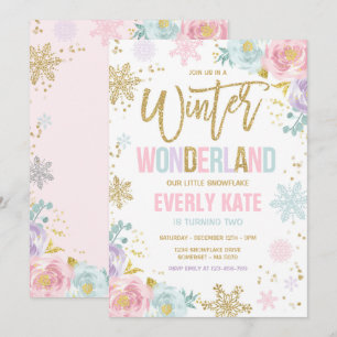 Winterwonderland Geburtstag Gold Rosa Schneeflocke Einladung