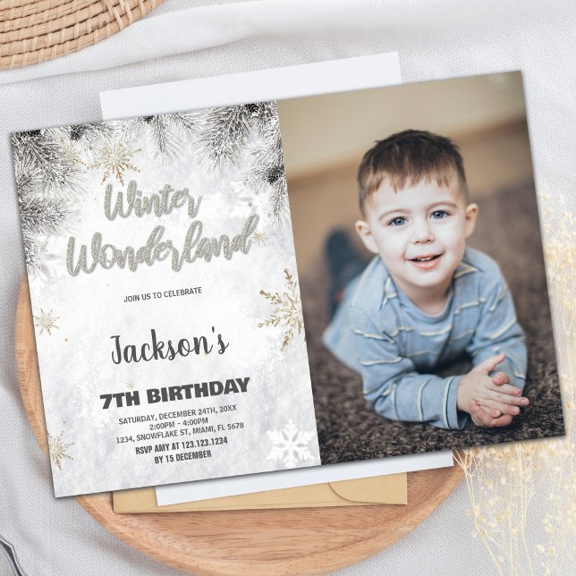 Winterwonderland Geburtstagseinladungen Pine Foto Einladung (Winter Wonderland Birthday Invitations Pine Photo)