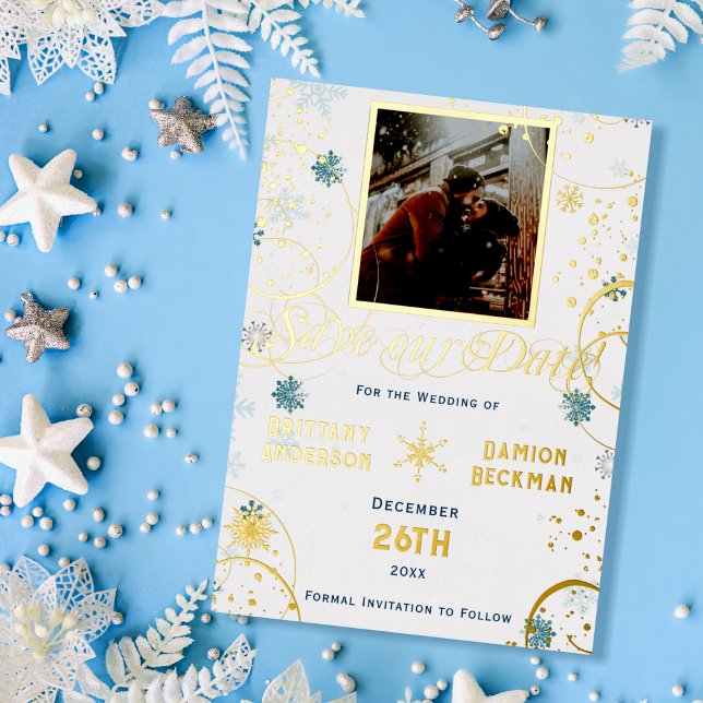Winterwonderland Hochzeit Snowflake retten Datum Folieneinladung (Von Creator hochgeladen)