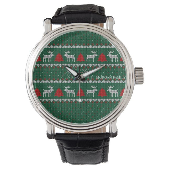 Winterwonderland, Rentier Pine Tree Green Armbanduhr (Vorderseite)