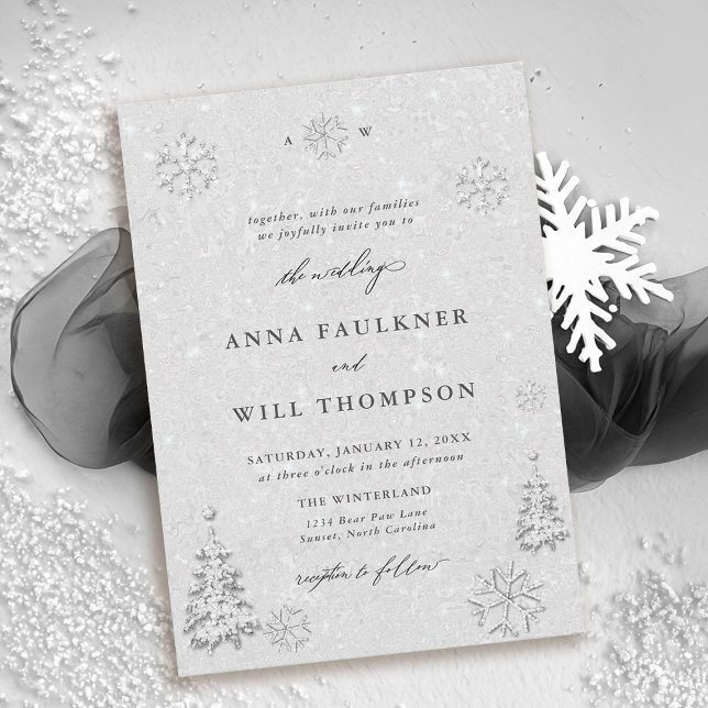 Winterwonderland Schneeflocken Weiße Hochzeit Einladung (winter wedding invitations snowflake theme white falling snow forest mountain rustic elegant)