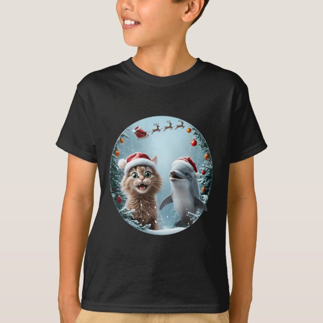 Winterwonderland Weihnachten Katze Dolphin Selfie  T-Shirt (Vorderseite)