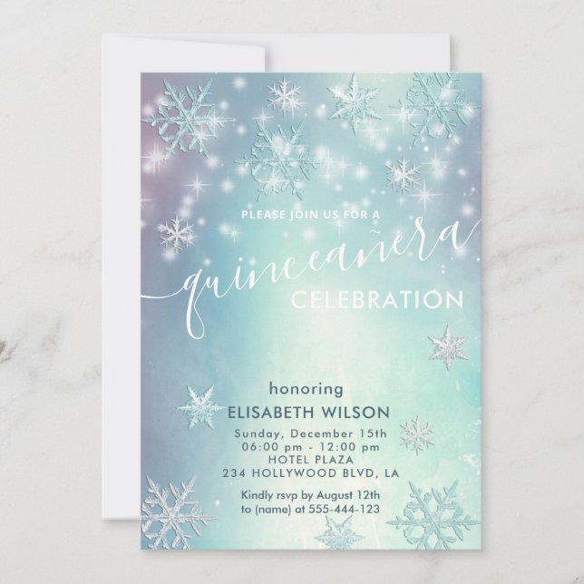Winterwunder Schneeflocken Quinceñera Invitat Einladung (Vorderseite)